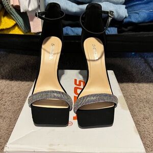 Soda Black and Silver Block Heel Sandals